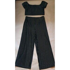 Forever 21 Two Piece Set Crop Top Wide Leg Pants 1X/2X Black Velvet Gold Stripe